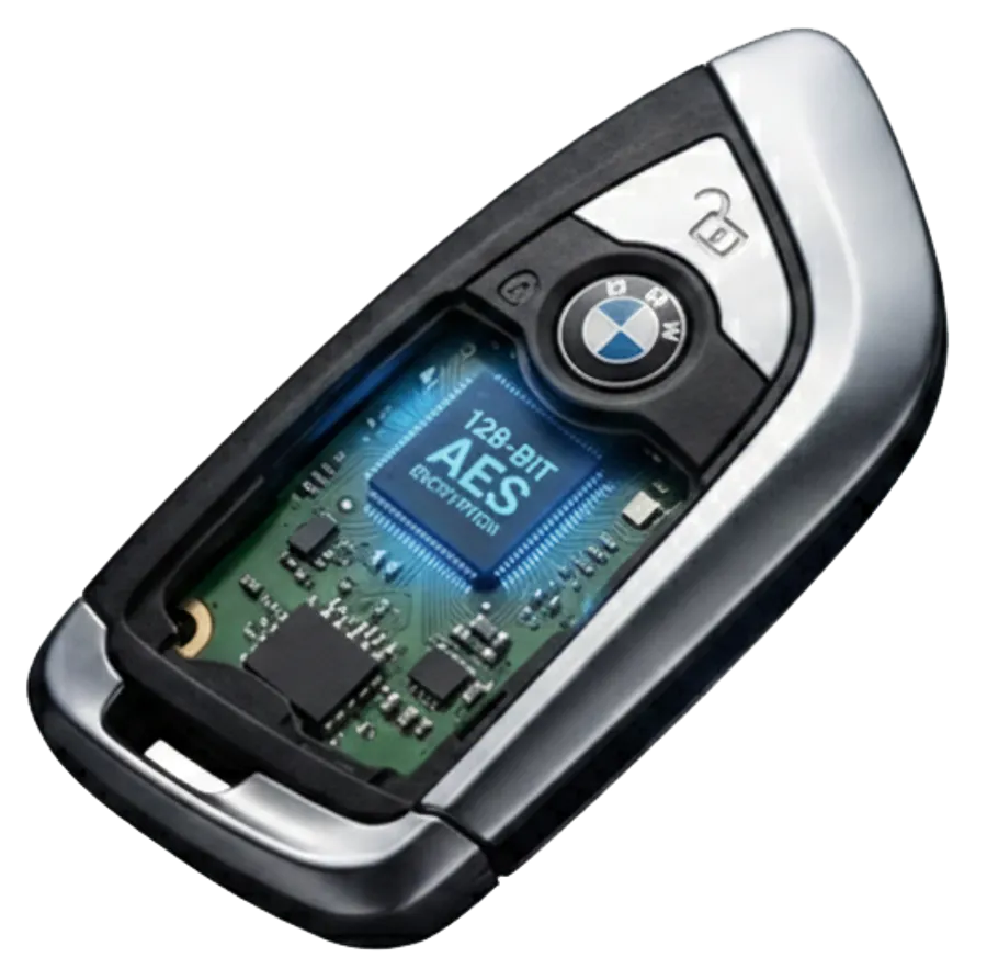 BMW key fob with 128-bit AES encryption chip visible