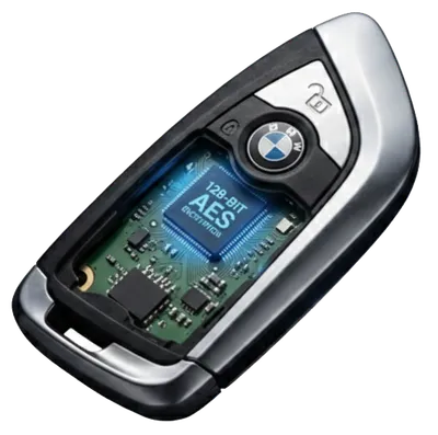 BMW key fob with 128-bit AES encryption chip visible