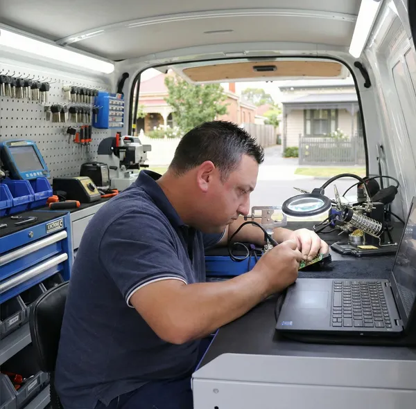 Buzz programming a car key circuit board in his fully-equipped mobile van workshop