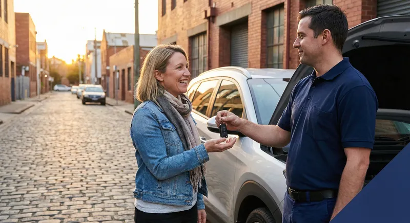 Happy customer receiving their spare car key from Quick Car Keys Melbourne